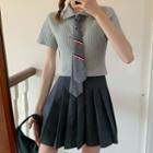 Tie-neck Polo-neck Short-sleeve Rib Knit Top / Pleated Mini A-line Skirt