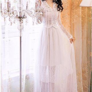 Set: Long-sleeve Ruffled Lace Top + Midi A-line Mesh Skirt