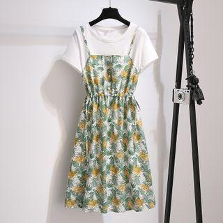 Short-sleeve Panel Mock Two-piece Floral Drawstring Sleeveless Dress