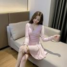 Mock Two-piece Long-sleeve Crinkled A-line Mini Dress