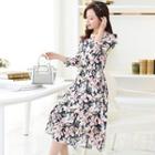 3/4-sleeve Ruffled Floral Dress