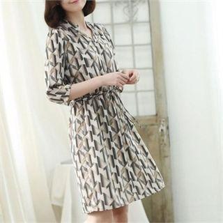 Mandarin-collar Patterned A-line Dress