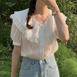 Puff-sleeve Collar Lace Trim Blouse