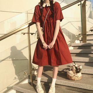 Short-sleeve Contrast Collar Midi A-line Dress