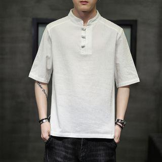 Elbow-sleeve Frog-button Linen T-shirt