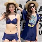 Set: Plain Bikini + Printed Tasseled Cover-up