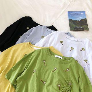 Picture Embroidered Drawcord Loose-fit Short-sleeve Top