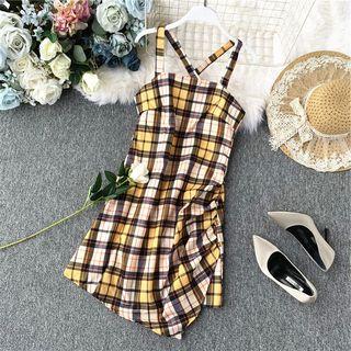 Asymmetric-hem Gingham Sleeveless Dress Yellow - One Size