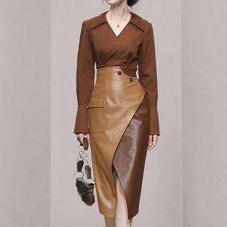 Set: Long Sleeve V-neck Top + Midi Skirt