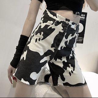 Cow Print Straight Leg Shorts Daily Cow Pattern - Black & White - One Size