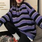 Wide-stripe Round Neck Sweater Stripe - Purple - One Size