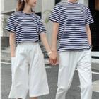 Couple Matching Striped Short-sleeve T-shirt / Cropped Wide-leg Pants / Straight Pants
