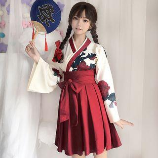 Rose Print Blouse / Bow Accent A-line Skirt / Set