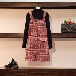 Set: Mock-turtleneck Ribbed Knit Top + Houndstooth Jumper Dress