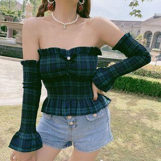 Set: Plaid Ruffled Tube Top + Arm Sleeves