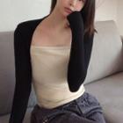Mock Two-piece Long-sleeve Square-neck Fitted Top Black & Beige - One Size