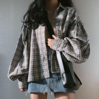 Long-sleeve Plaid Shirt Gray Plaid - White - One Size