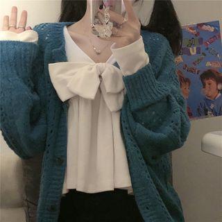 Long-sleeve Plain Open Knit Cardigan / Long-sleeve Tie Neck Plain Blouse