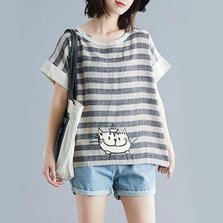 Striped Cartoon Print Short-sleeve T Shirt As Shown In Figure - L