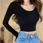 Plain Long-sleeve Ribbed Cropped Top