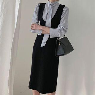 Set: Tie-neck Blouse + Midi A-line Pinafore Dress