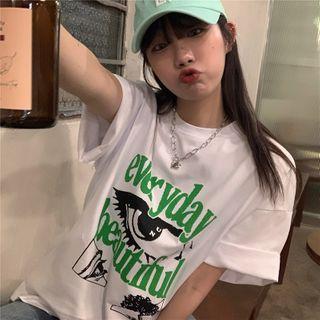 Elbow-sleeve Lettering T-shirt / Long-sleeve Top