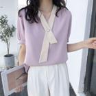 Short-sleeve Contrast Trim Chiffon Blouse