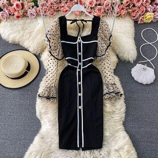 Dotted Mesh Long Sleeve Single Breasted Dress
