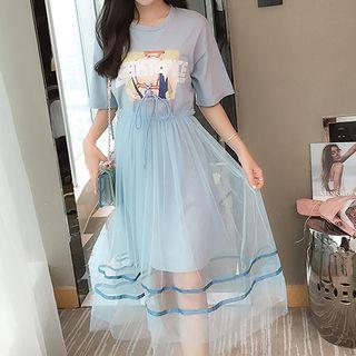 Set: Short-sleeve Print T-shirt Dress + Midi Mesh Skirt