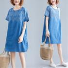 Embroidered Short-sleeve Denim Shift Dress Blue - One Size