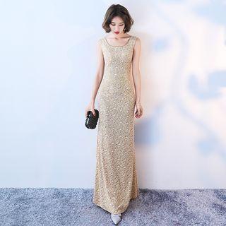 U-neck Glitter Sheath Evening Gown