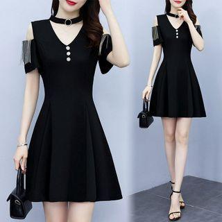 Cold-shoulder Metal Fringe A-line Dress