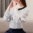 Long-sleeve Contrast Trim Patterned Chiffon Top