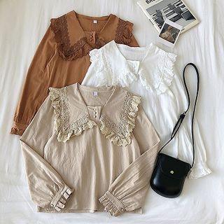 Plain Peter-pan Collar Lace-trim Long-sleeve Blouse
