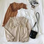 Plain Peter-pan Collar Lace-trim Long-sleeve Blouse