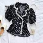 Puff-sleeve Double Breasted Lace Trim Polka Dot Top