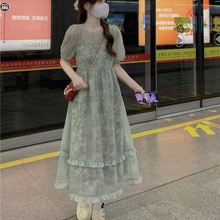 Floral Midi A-line Dress Grayish Green - One Size