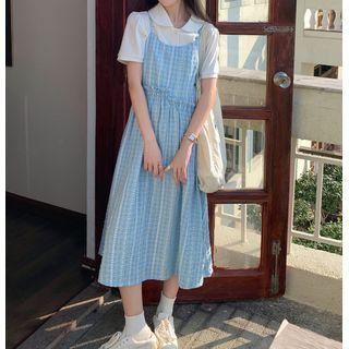Short-sleeve Collar Plain Blouse / Plaid Ruffle Trim Strappy Dress