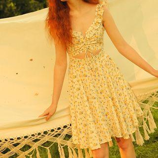 Sleeveless V-neck Floral Printed Lace-up Dress