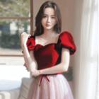 Puff-sleeve Square Neck A-line Evening Gown