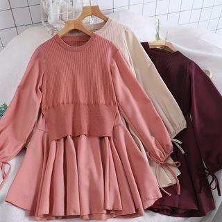 Mock Two-piece Knit Panel Long-sleeve A-line Dress