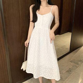 Spaghetti Strap Dotted Midi A-line Dress Dots - White - One Size