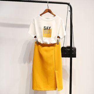 Set: Lettering Short Sleeve T-shirt + Plain Midi Skirt