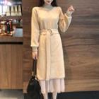 Set: Tie Waist Long-sleeve Knit Dress + Midi Mesh Skirt