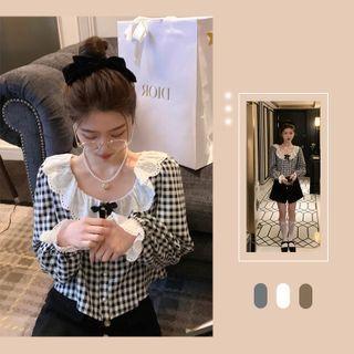 Eyelet Trim Gingham Blouse