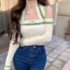 Long-sleeve Off-shoulder Cropped Knit Top Milky White & Green - One Size