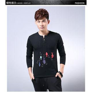 Printed Notched Neck Long-sleeve T-shirt