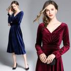 3/4-sleeve Velvet Midi A-line Dress