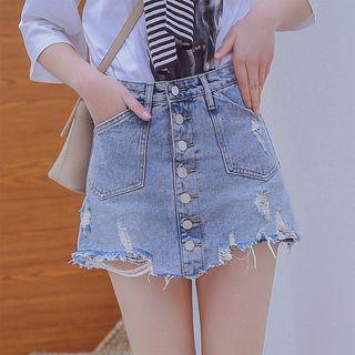Frayed Hem Buttoned Mini Denim Skorts