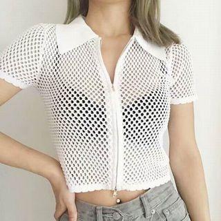 Collared Short-sleeve Zip-up Eyelet Top